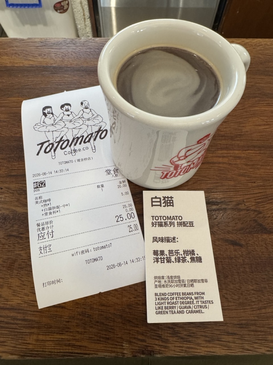 桌上摆着一杯浅杏色的咖啡杯，杯子圆润粗大，杯子里的咖啡上浮着一些白色的泡沫。杯子下压着小票，小票上或者三个跳芭蕾舞的大叔（是的，是大叔，长胡子和秃头的那种）。豆卡上写着「白猫；好猫系列拼配豆；风味描述：莓果、芭乐、柑橘、洋甘菊、绿茶和焦糖」