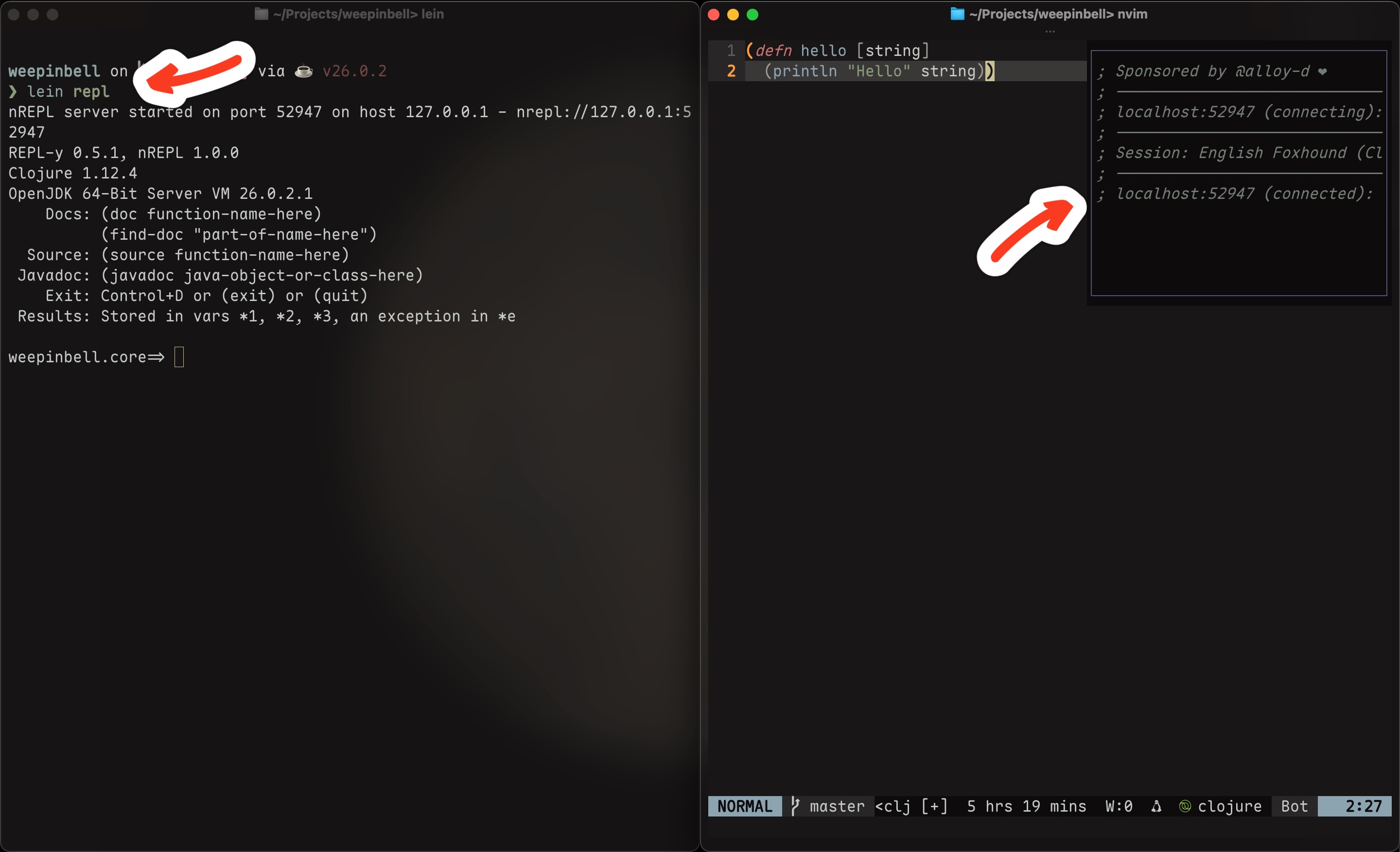 截图，左侧是运行 lein repl 的终端，显示 nREPL 启动了；右侧是 Neovim，Neovim 界面的右上角弹出提示表示已经连接到 nREPL
