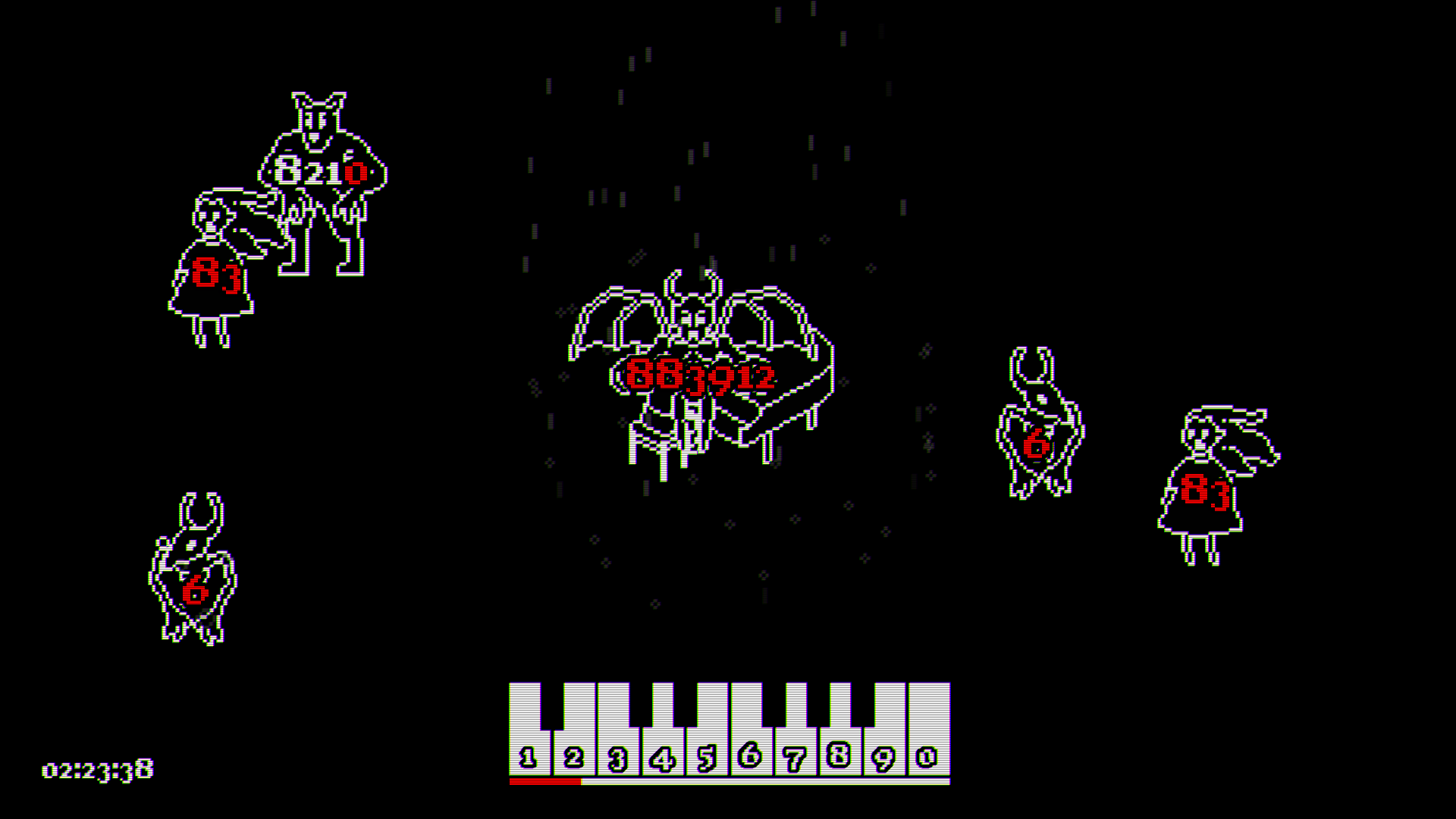 Exorcist Pianist 游戏界面，复古黑白像素风格，界面最底部是个钢琴键盘，屏幕上是飘浮的恶魔，他们身上都写着数字，对应钢琴按键
