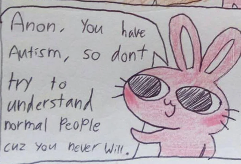 一页漫画，一只粉色的兔子说“Anon, you have Autism, so don’t try to understand normal people, cuz you never will”